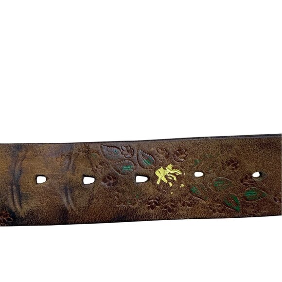Vintage Embossed Brown Leather Belt With Wagon Wheel Metal Buckle Floral Design - Picture 4 of 8